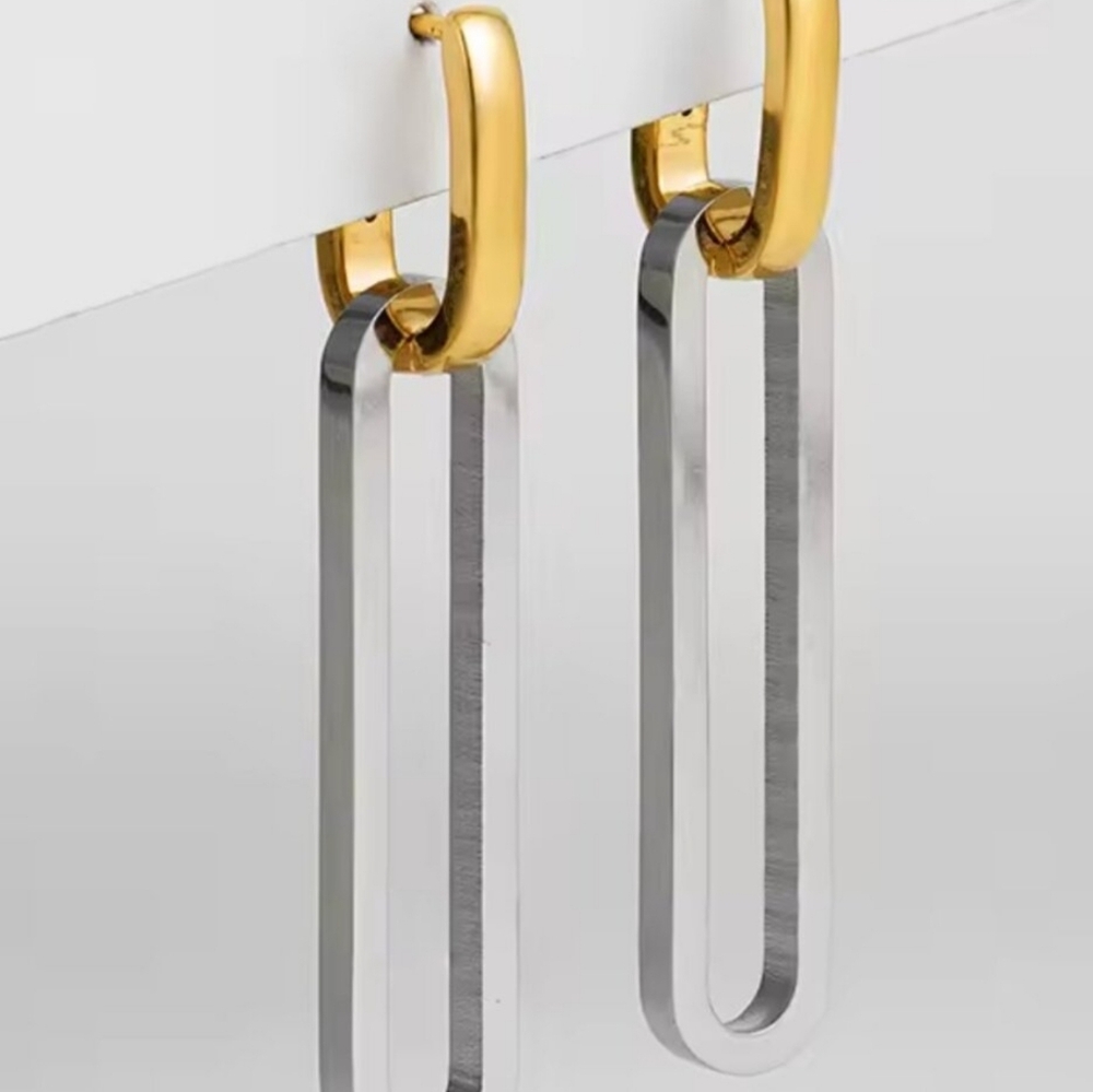 Gold & silver geometric hoop earrings; 1.77" x .43"; sleek & shiny; NWOT